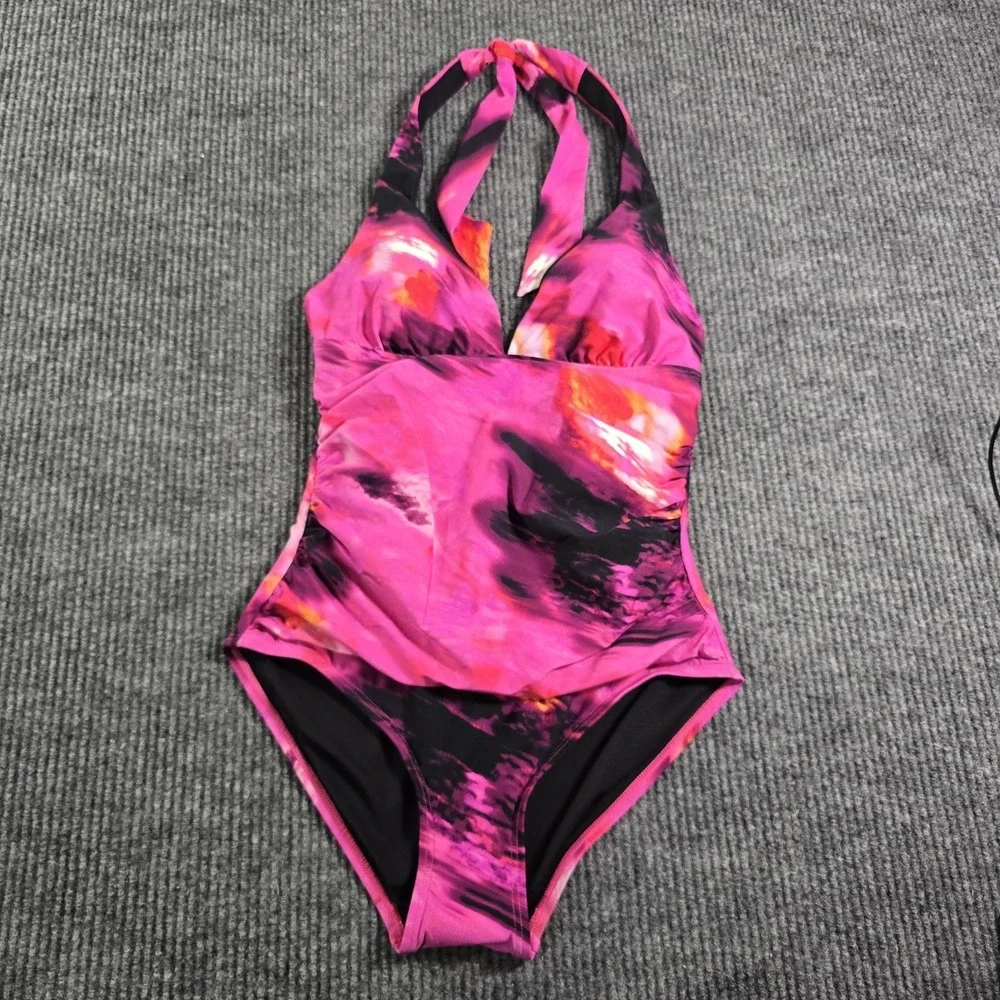DKNY Women's Tie-Back Halter-Style One-Piece Swimsuit Pink Multicolor Med NWOT - Picture 1 of 6